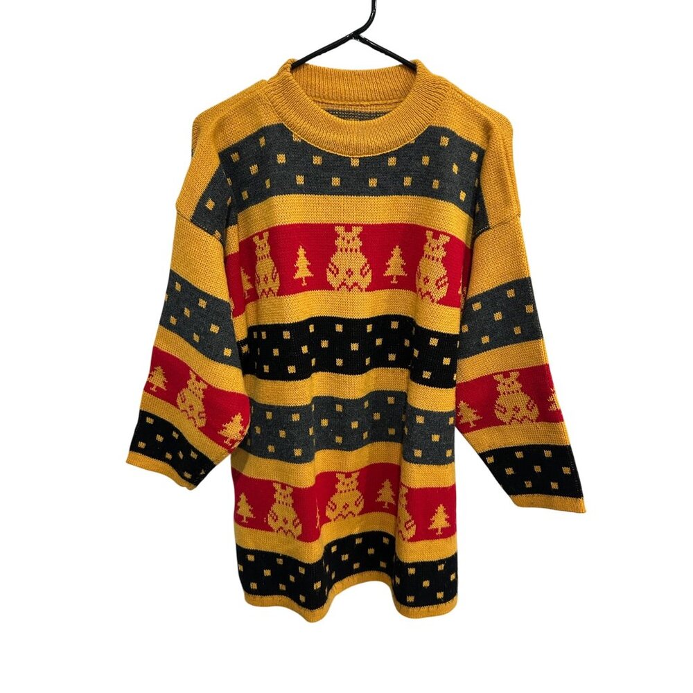 Vintage Holiday Sweater Yellow Red Crewneck Pullover Stripes Cozy Christmas